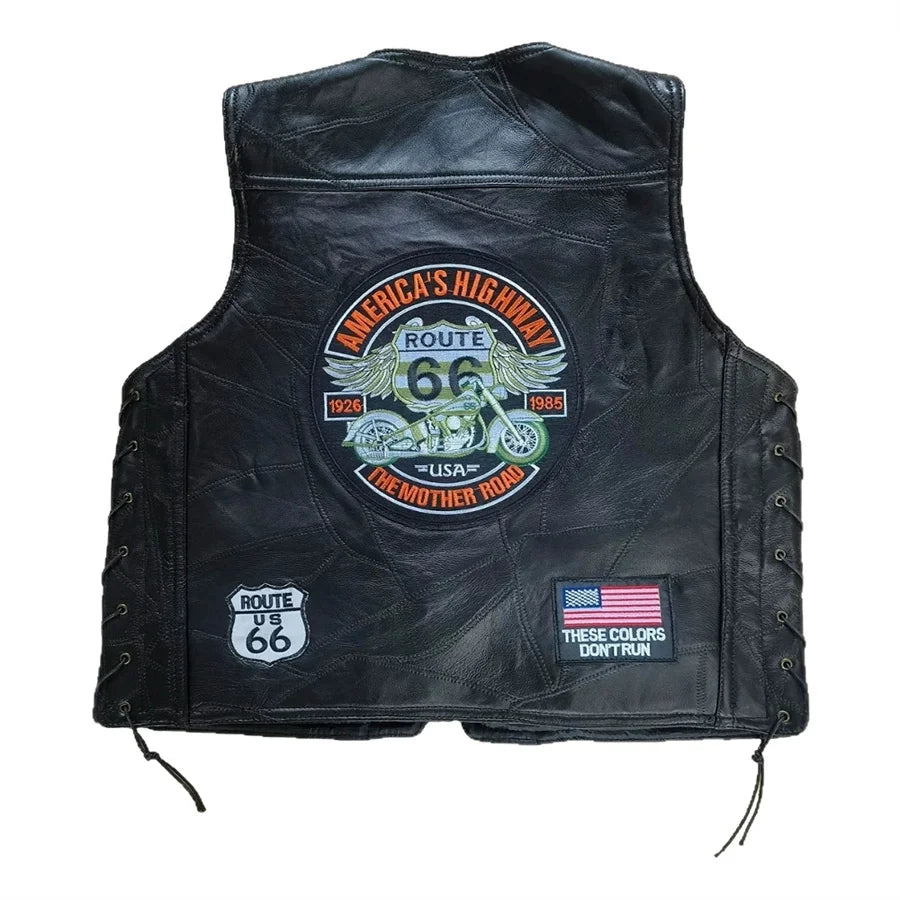 Motorbike Embroidered Men Leather Vest Punk Sleeveless Jacket Motorcycle Riding Biker Waistcoat Men's Clothing Black Streetwear