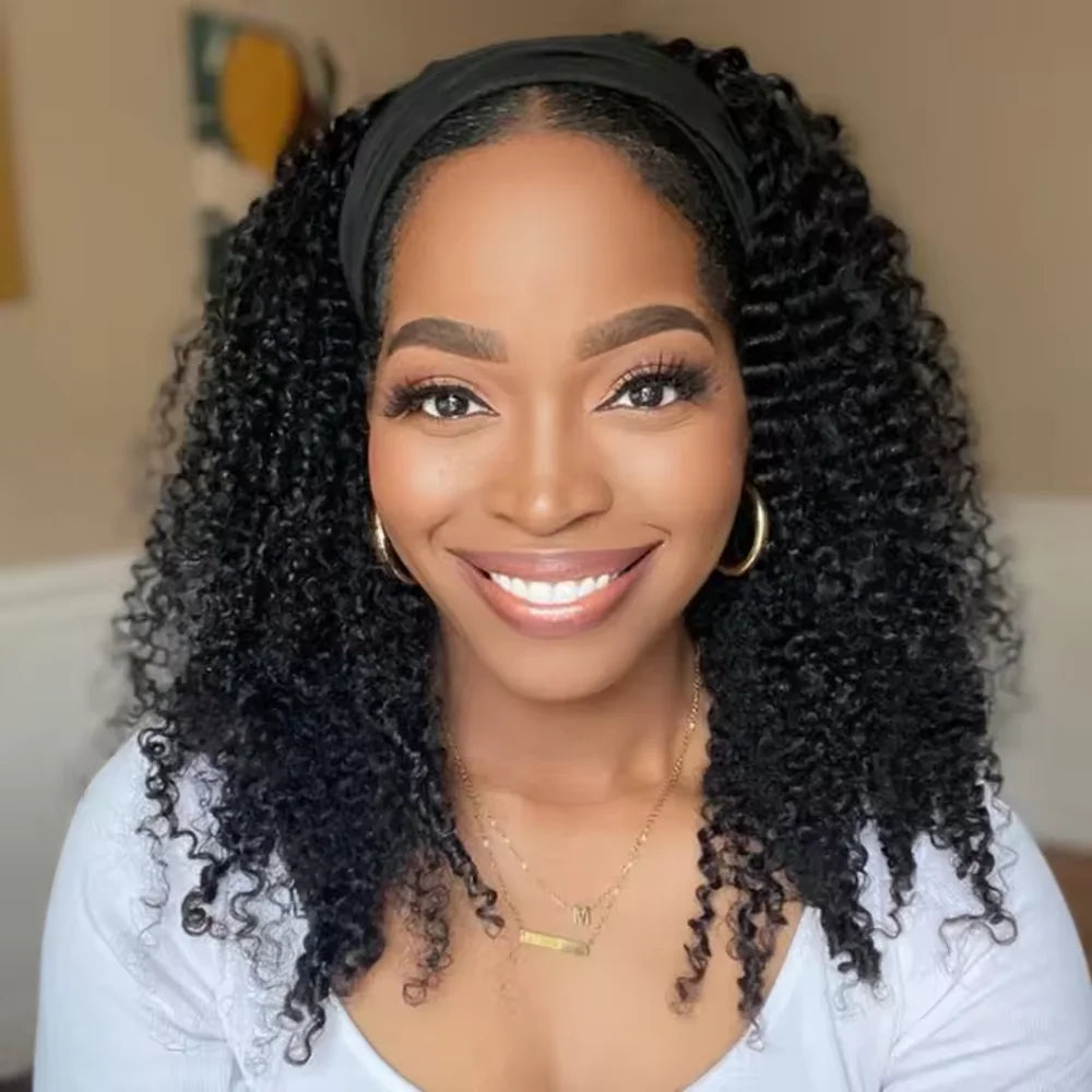 16-32 Inch Human hair Wigs Kinky Curly Headband Wig Upgrade 3 IN 1 Half Wig With Drawstring Seamless Clip Ins High Density Wigs