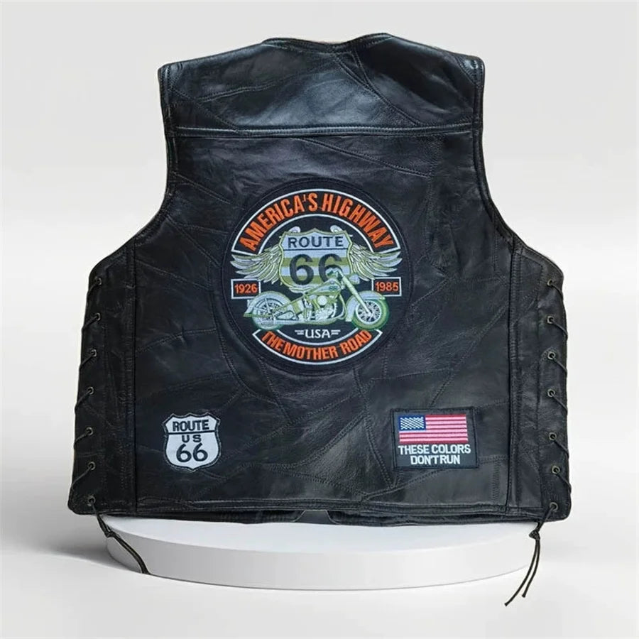 Motorbike Embroidered Men Leather Vest Punk Sleeveless Jacket Motorcycle Riding Biker Waistcoat Men's Clothing Black Streetwear