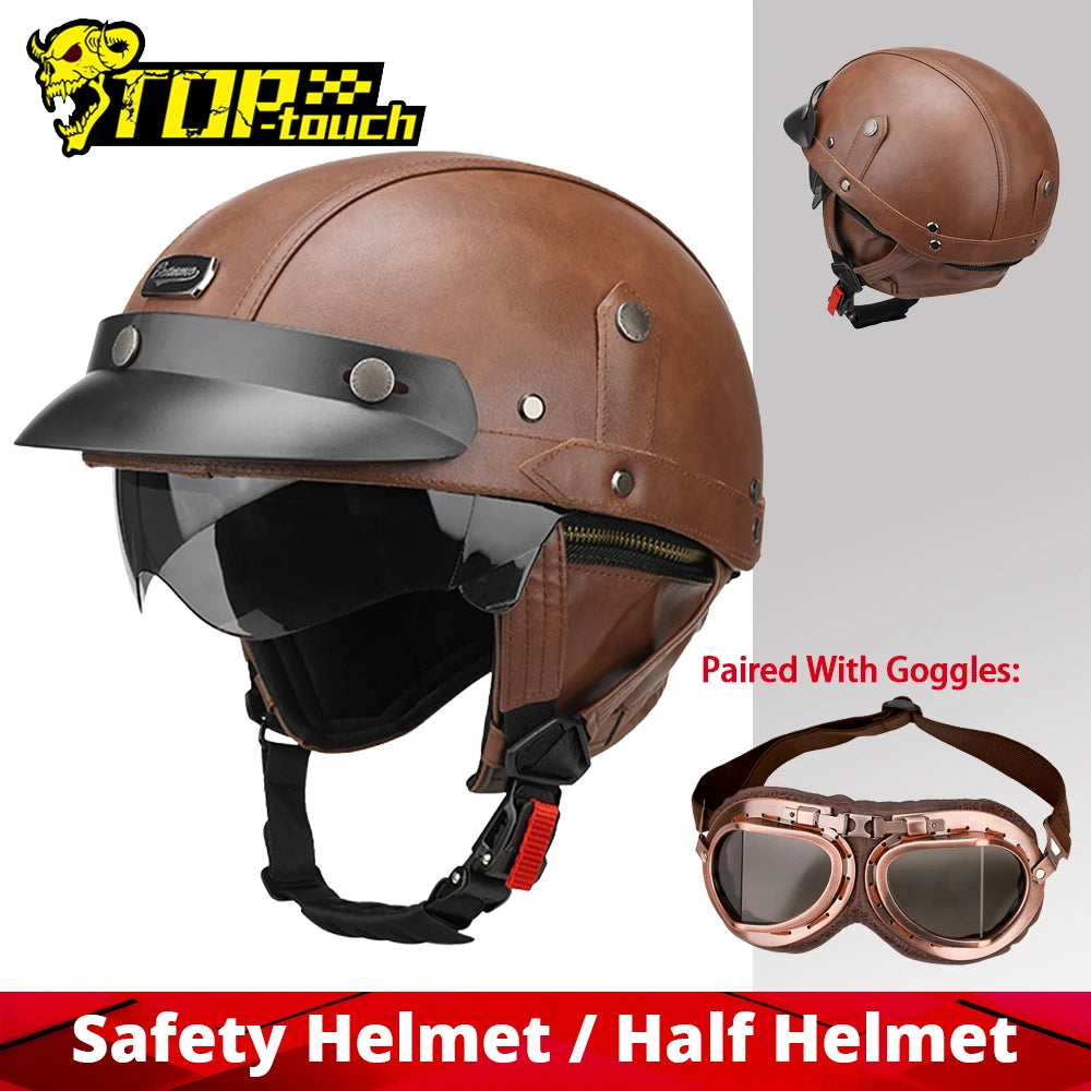 Motorcycle Half Helmet Leather Motorbike Open Face Helmet Vintage Fashion Safety Helmets Anti Fall And SunCap Moto Helmets M-XL