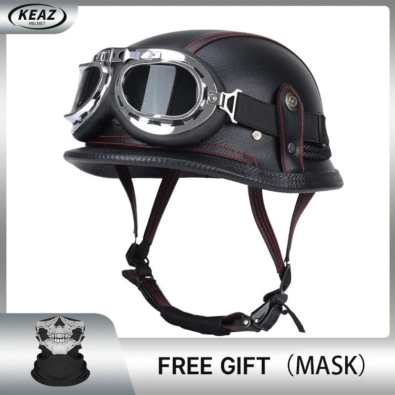 Factory Price Motorcycle German Style Leather Half Face Helmet DOT Approved Cap1/2 Shell Helmets+Goggles Open-Face Casque