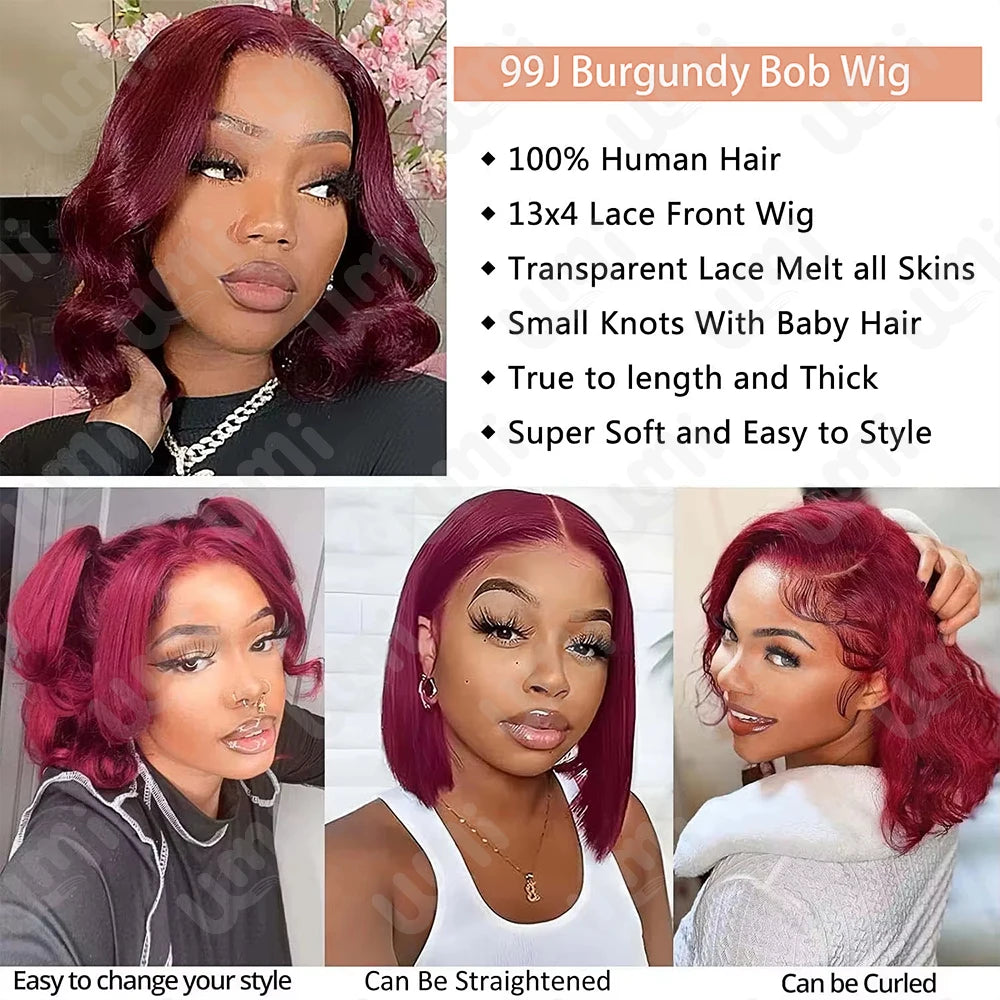 Umi 13x4 Burgundy 99J 200% Density Body Wave Short Bob Lace Frontal Wig Red Remy Human Hair Pre plucked HD Transparent Lace Wigs