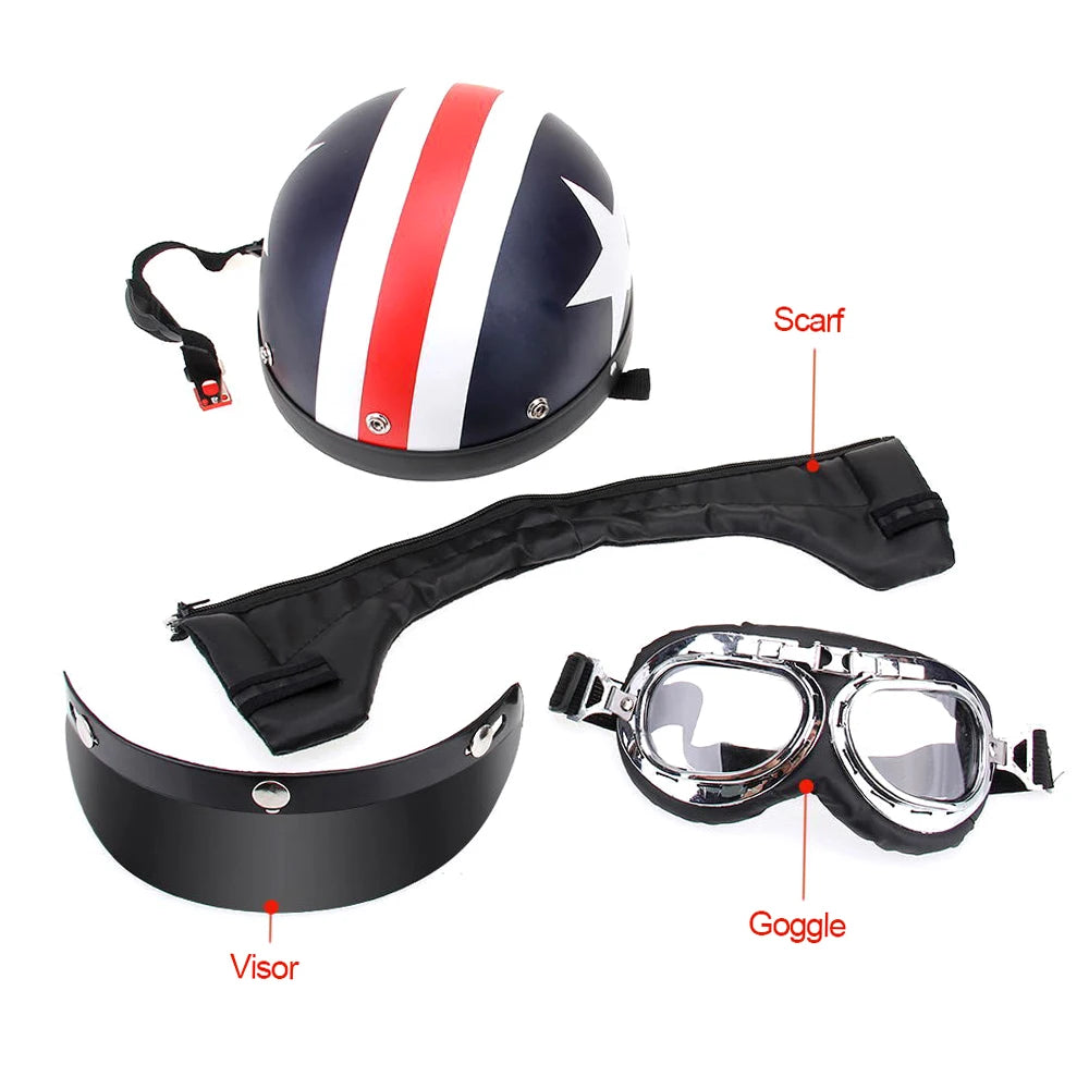 Half Open Face Motorcycle Helmet with Goggles Visor Scarf Biker Scooter Touring Helmet