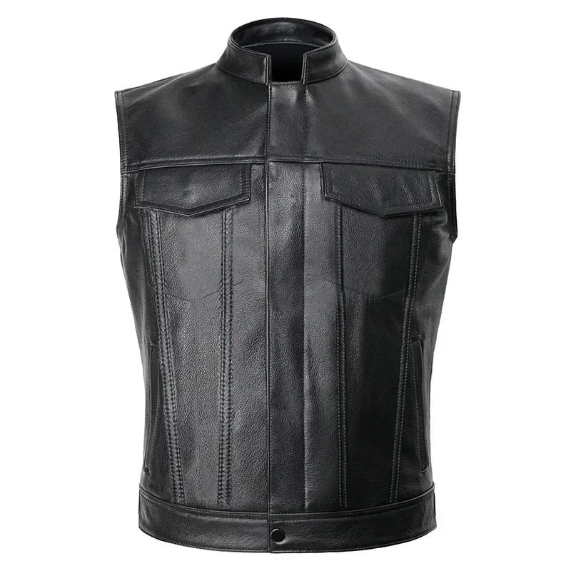 1The Latest Solid Color Vest Motorcycle Standing Collar Leather Vest for Men Pu Leather Coat