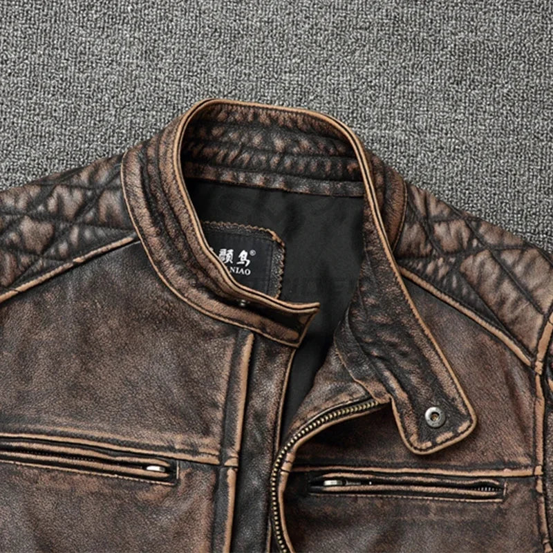 NEW Men's Vintage Motorcycle Jacket Stand Collar Natural Cowhide Jacket Classic Top Layer Cowhide Moto Suit Biker Clothing