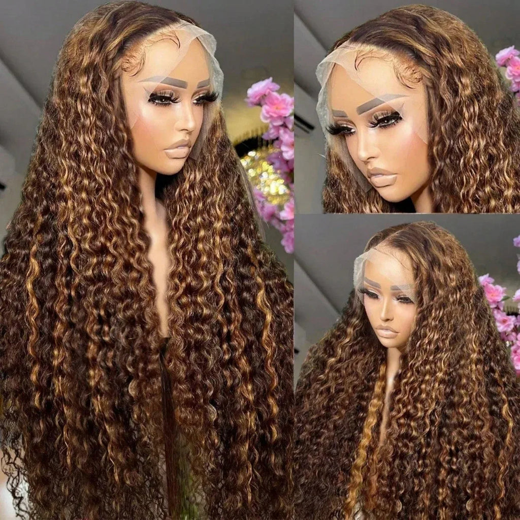 30 32 Highlight Deep Wave Hd Lace Frontal Wig 13x6 Honey Blonde Human Hair Wig Brazilian #4/27 Wet And Wavy Curly Wigs For Women