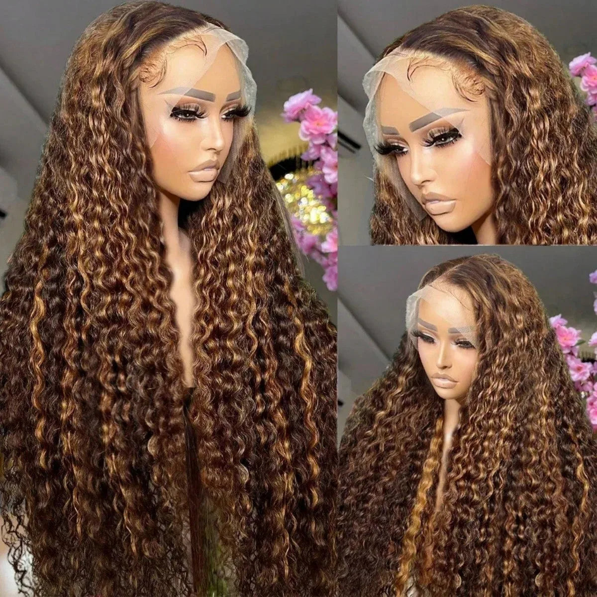 30 32 Highlight Deep Wave Hd Lace Frontal Wig 13x6 Honey Blonde Human Hair Wig Brazilian #4/27 Wet And Wavy Curly Wigs For Women