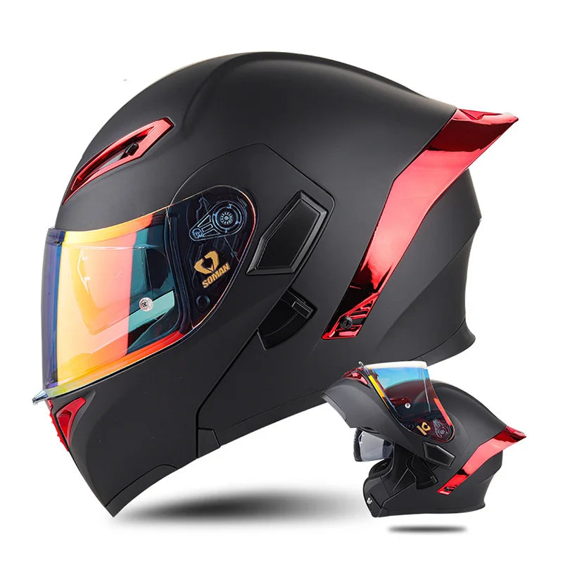 DOT Approved Men Motorcycle Helmet Dual Lens Flip Up Helmets Vintage Retro Full Face Moto Helmet Double Lens Modular Helm