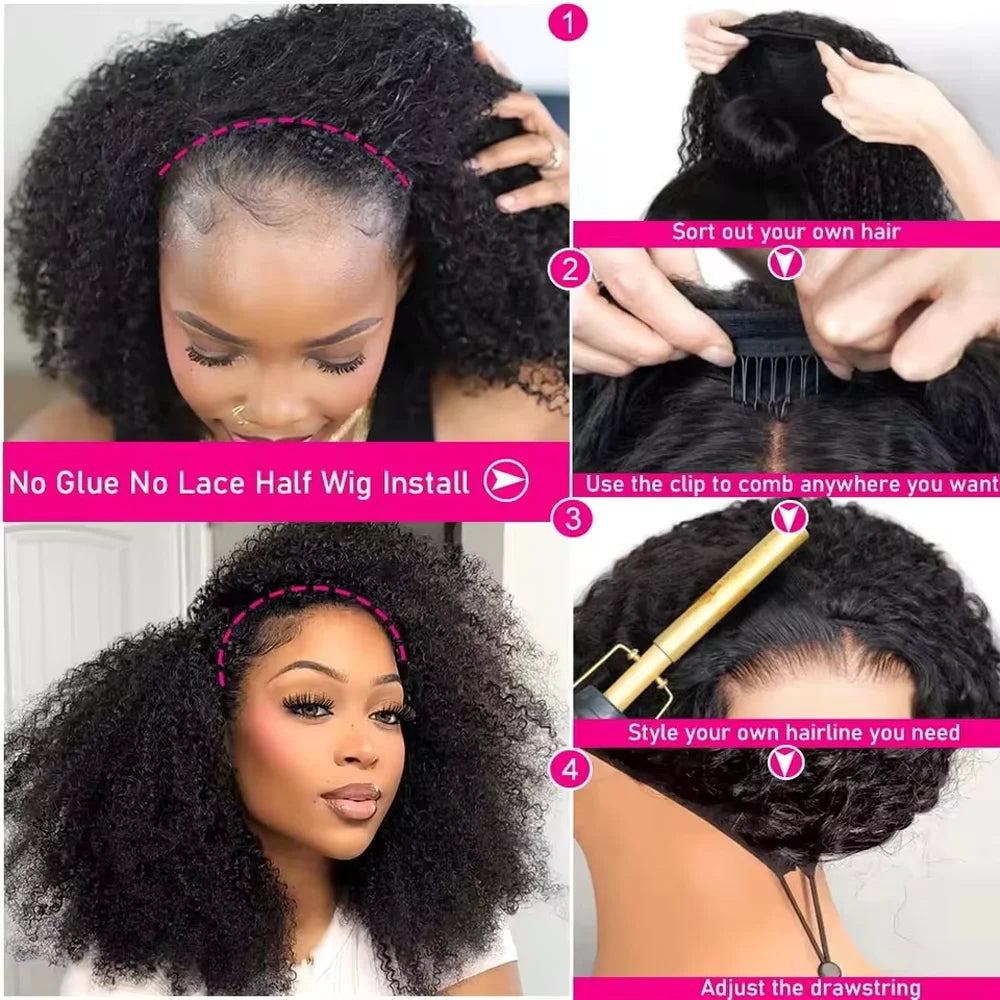 16-32 Inch Human hair Wigs Kinky Curly Headband Wig Upgrade 3 IN 1 Half Wig With Drawstring Seamless Clip Ins High Density Wigs