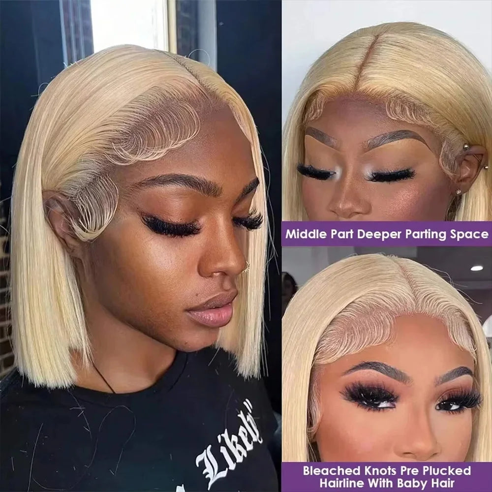 Blonde Straight 613 Short Bob 13x4 HD Lace Frontal Wigs Brazilian Human Hair Glueless Transparent Lace Front Wig 220% Density