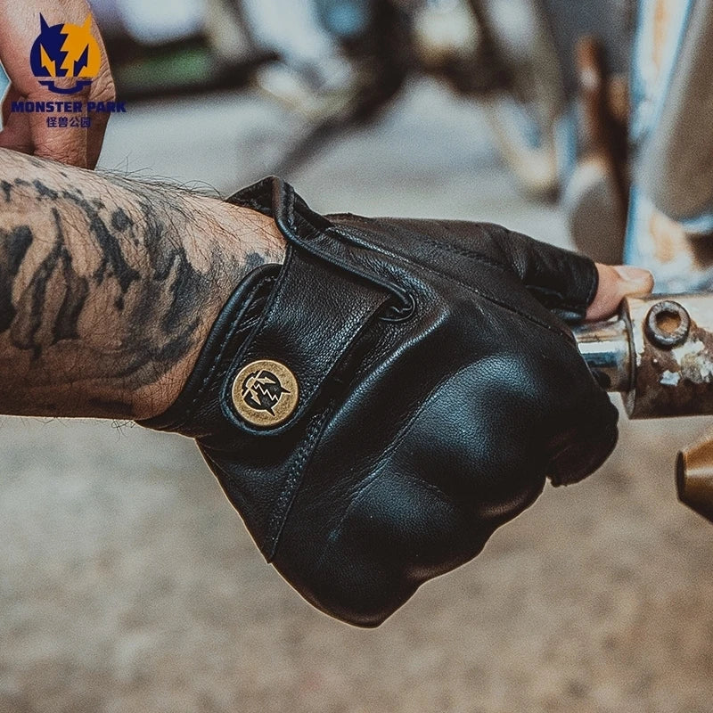 Vintage Motorcycle Fingerless Gloves Half Finger Motorcycle Gloves Leather Moto Guantes Cycling Biker Motocross Racing Gloves