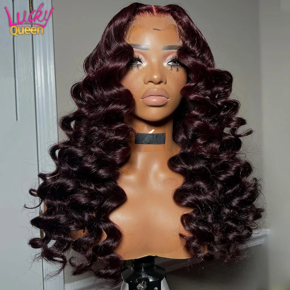 Loose Wave Dark Burgundy 7X5 Glueless #99J 180 Density Pre Plucked Transparent Brazilian 100% Human Hair Wigs 13X6 Lace Frontal