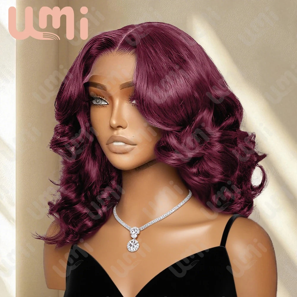Umi 13x4 Burgundy 99J 200% Density Body Wave Short Bob Lace Frontal Wig Red Remy Human Hair Pre plucked HD Transparent Lace Wigs