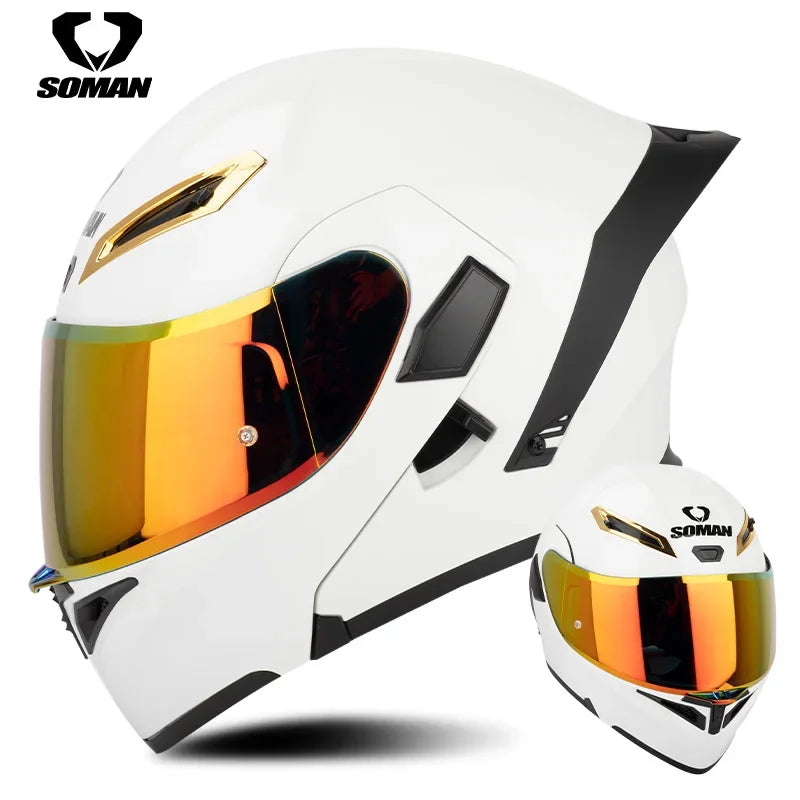 SOMAN Full Face Helmet Dual Lens Flip Up Motorcycle Helmets Casco Accessories Men Women Casque Moto Racing DOT Approved Visor