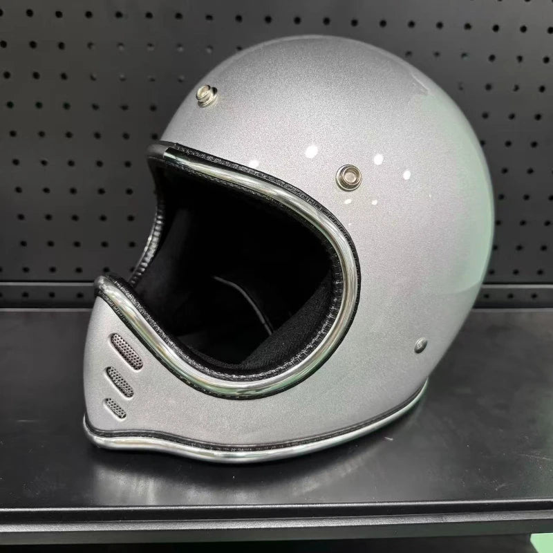 Pointed Nose Small Helmet Chrome Silver Rim Retro Motorcycle Fiberglass Helmet Four Season Full Face Helmet for Honda casco moto