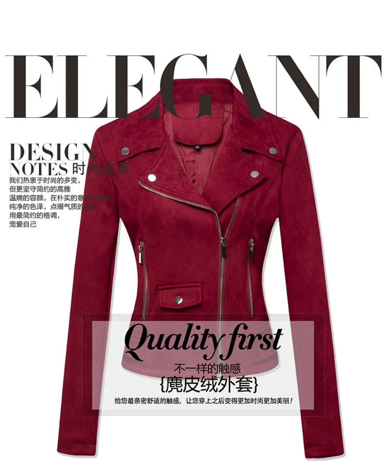 Women Vintage Suede Biker Jacket Slim Fit Short Motorcycle Coat Fashion Ladies Faux Leather Moto Jacket For Casual Ridin