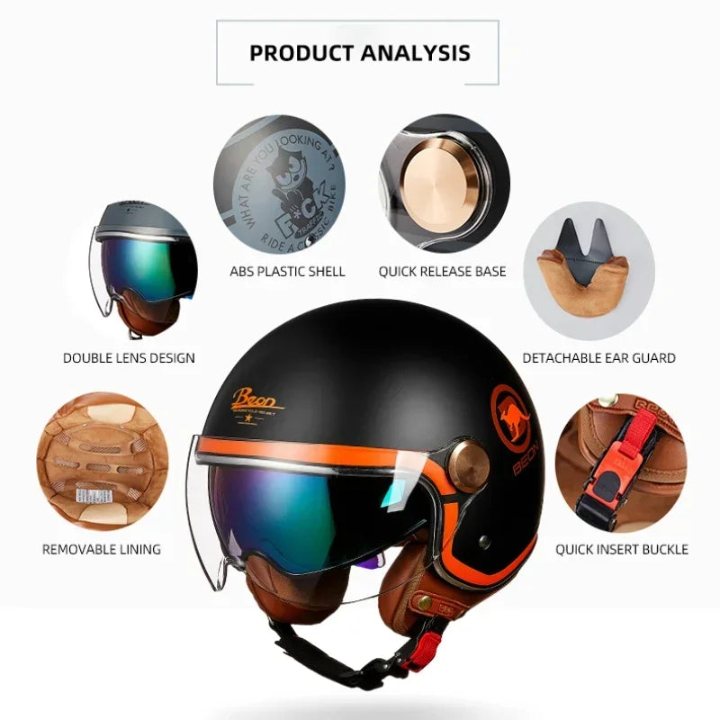 BEON Motorcycle Retro Style Helmet Electric Bike Riding Three-quarters Half Helmet Lightweight Dual Lens Safety Helmet