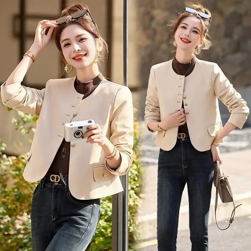 Leather Jacket for Women 2026 Spring Autumn New Retro Fashion Casual Round Neck Short LeatherCoat Motorcycle Clothing Female