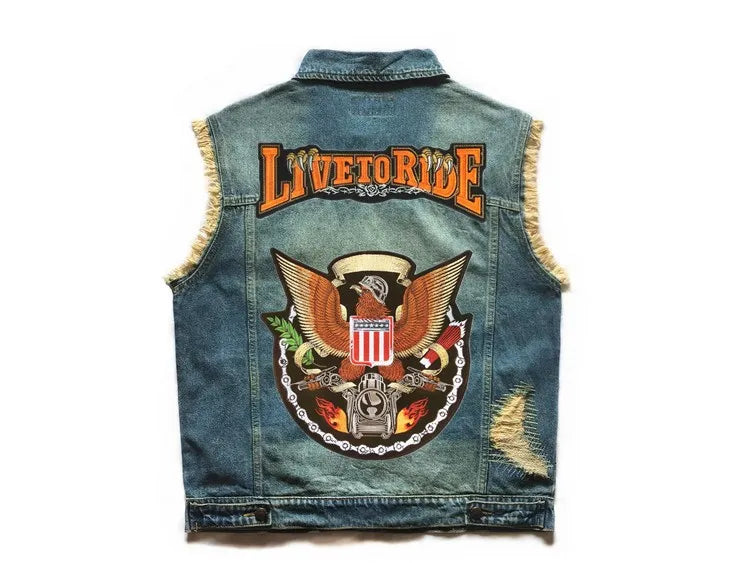 Embroidered Denim vest blue Jeans Patchwork Motorcycle Biker Jeans Sleeveless jacket punk Cowboy Fashion vest live to ride 6XL
