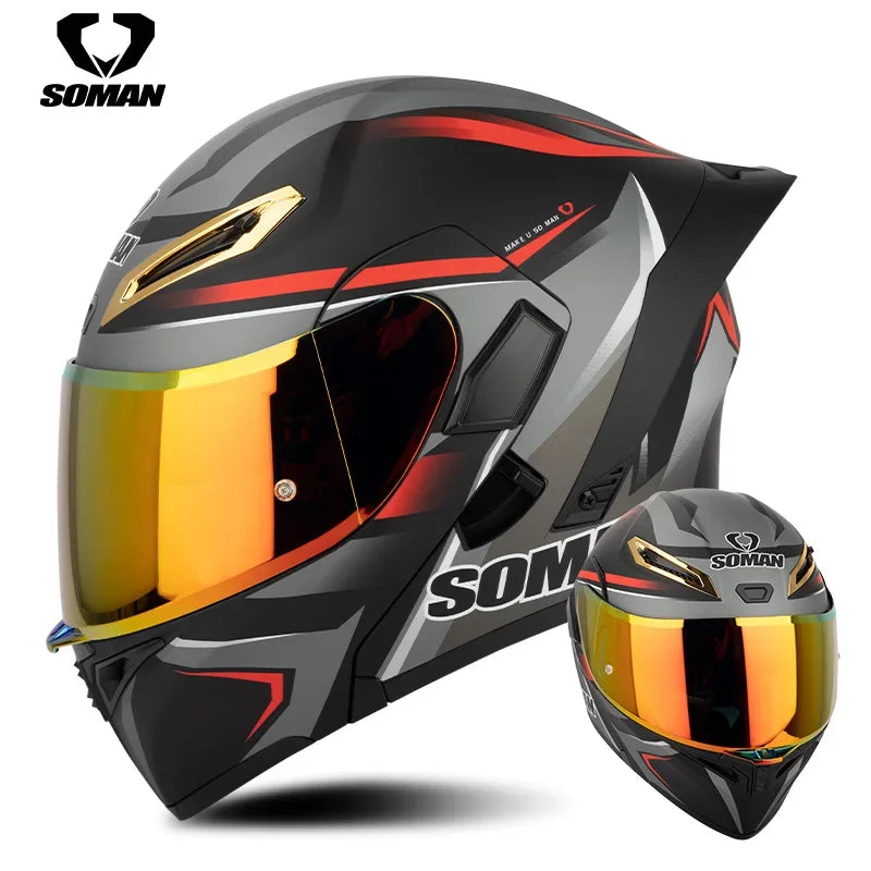 SOMAN Full Face Helmet Dual Lens Flip Up Motorcycle Helmets Casco Accessories Men Women Casque Moto Racing DOT Approved Visor