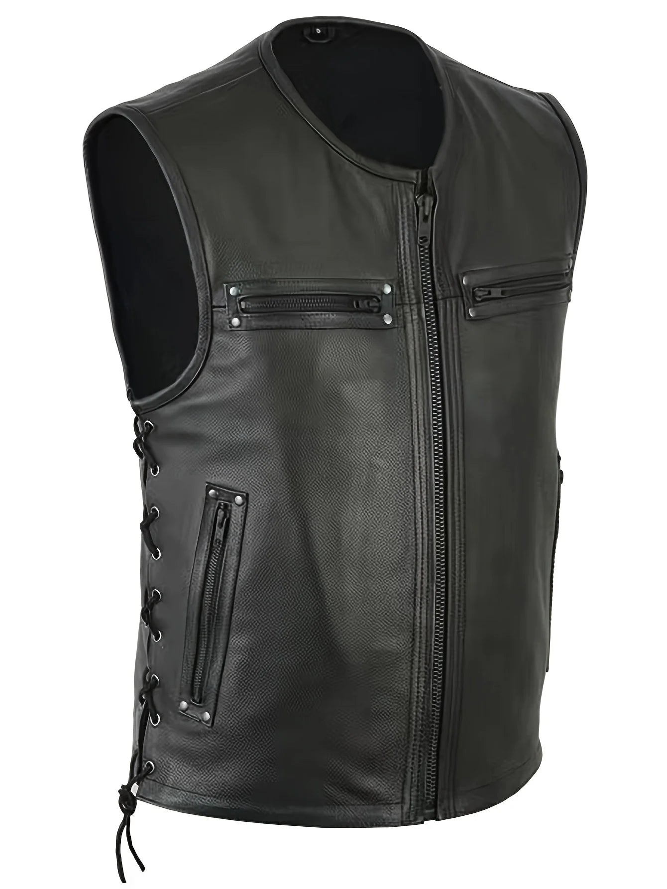 Men Solid Color Vest Motorcycle Fleet Punk Leather Vest Coat Sleeveless O-Neck Zipper Slim Jacket Autumn Work Coats Male Wear