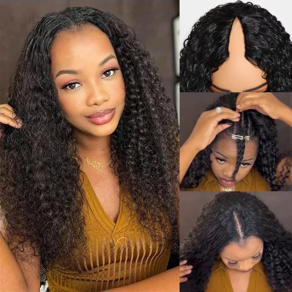 Upgraded V Part Wig Kinky Curly Wig Brazilian 32 inch Natural Black Color Deep Wave Human Remy Hair Wigs For Women 200 Density