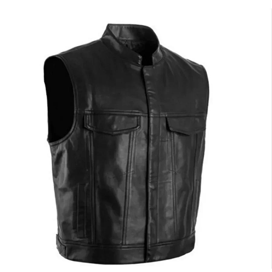 New Men's PU Leather Vest Black Zip Motorcycle Waistcoat Stand Collar Sleeveless Jacket Coats Fashion Retro Casual Vests for Men