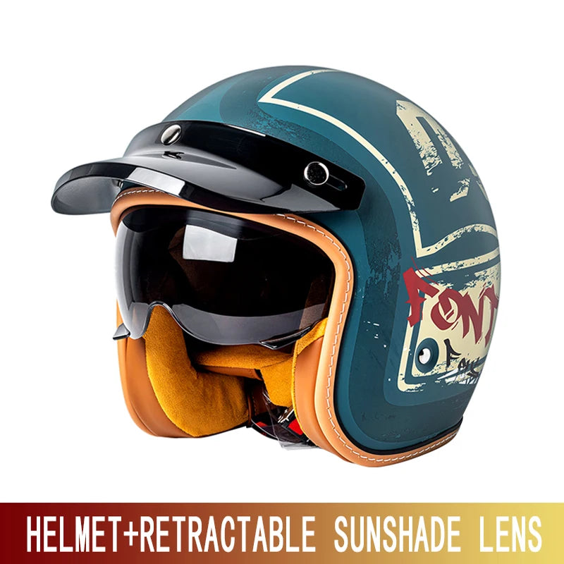 New retro cruise motorcycle helmet for men and women yellow three-quarters helmet 3/4 motorcycle half helmet with sun-shading wi