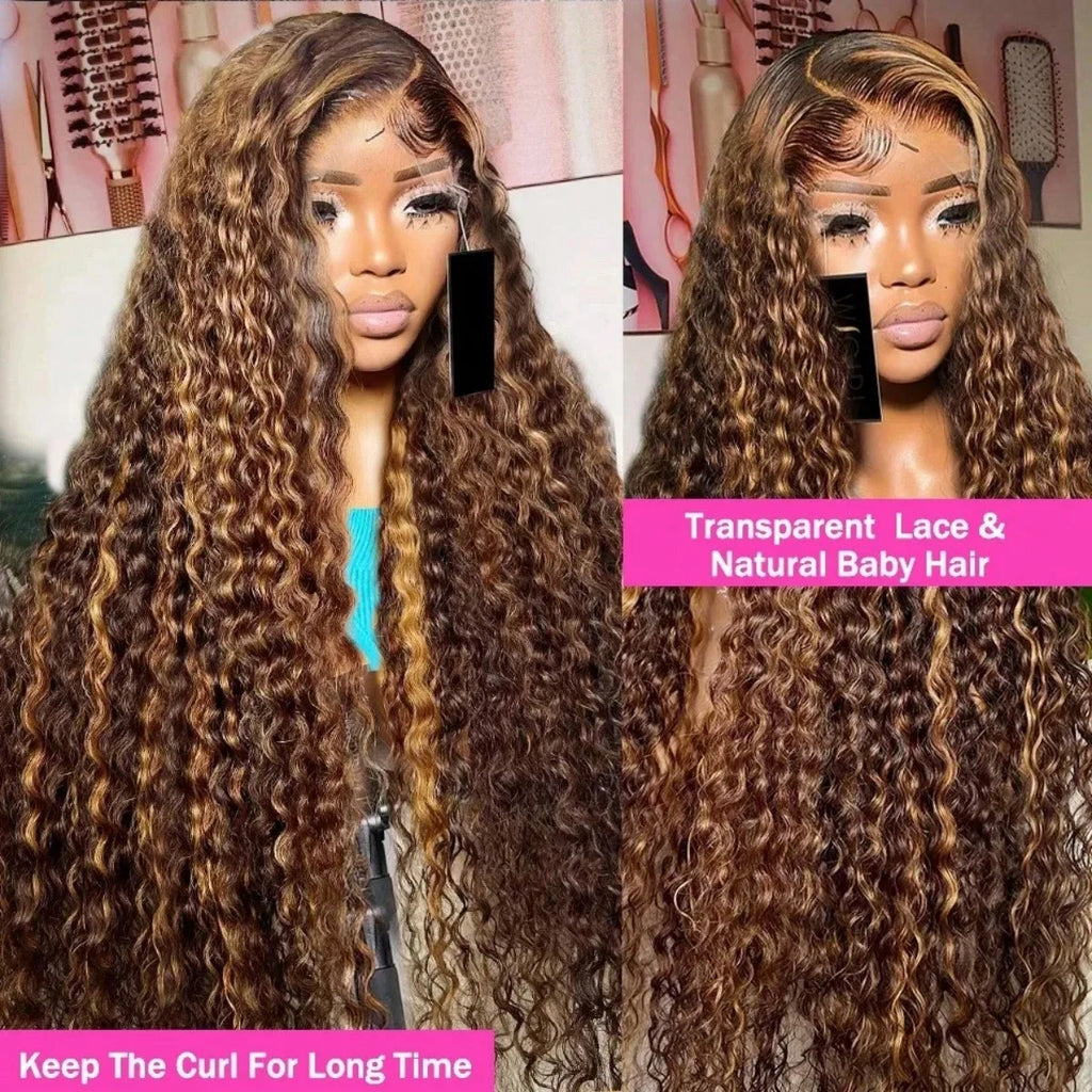 30 32 Highlight Deep Wave Hd Lace Frontal Wig 13x6 Honey Blonde Human Hair Wig Brazilian #4/27 Wet And Wavy Curly Wigs For Women