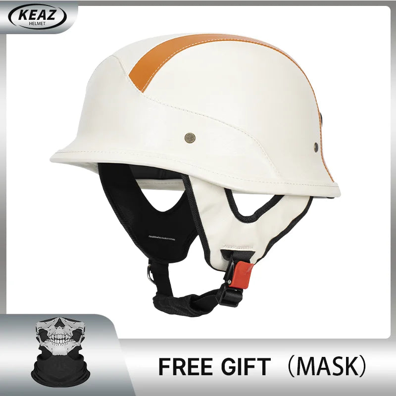 German Half Helmet Premium Vintage Open Face Motorcycle Helmet Genuine Cowhide Leather Cover DOT Certified Classic Retro Design