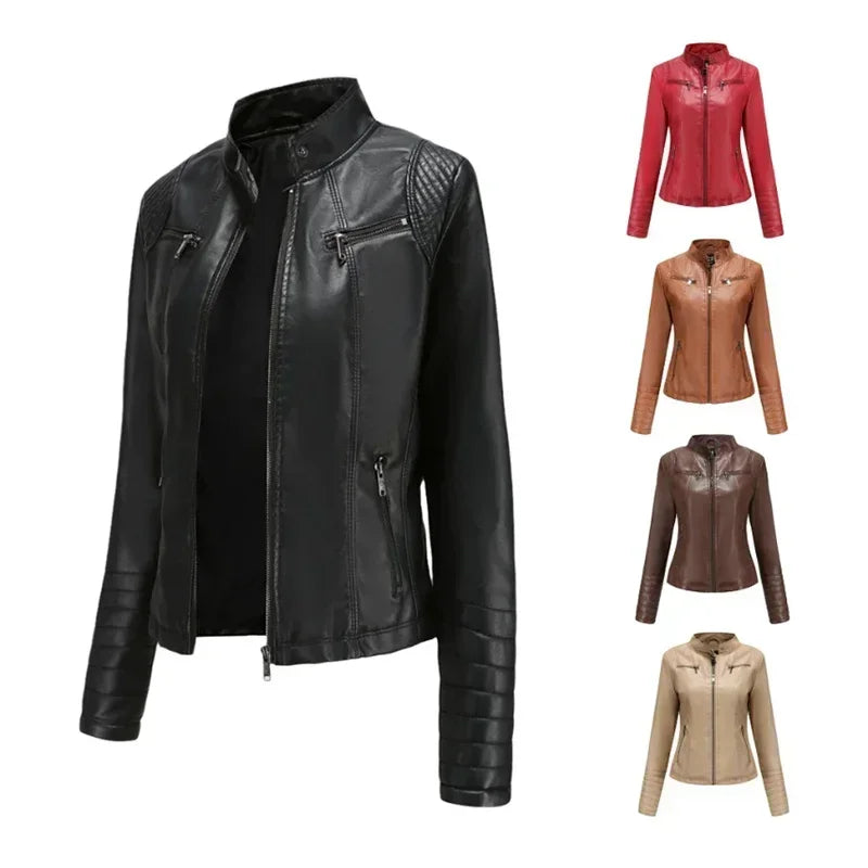 Women's Jackets Motorcycle Biker Coats Female Clothing Spring Autumn Winter Ladies Fashion PU Leather Outwear Tops with Pocket