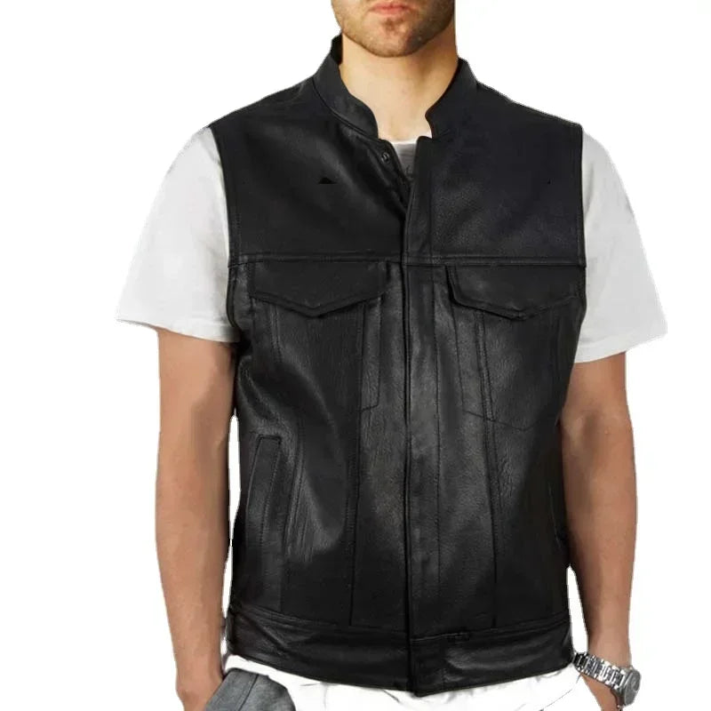 FashionThe Latest Solid Color Vest Motorcycle Standing Collar Leather Vest for Men Pu Leather Coat