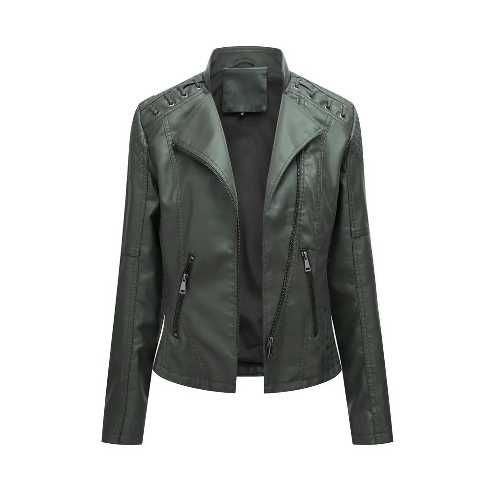 Spring Autumn Women's Clothing Slim Fit PU Leather Jacket For Woman Motorcycle Biker Style Short Coat With Notched Collar