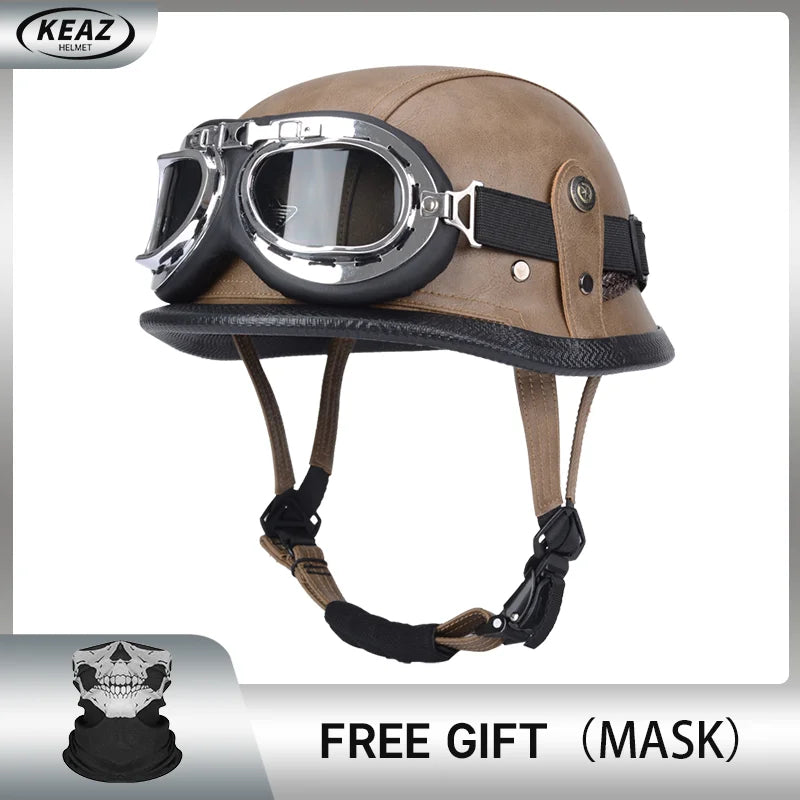 Factory Price Motorcycle German Style Leather Half Face Helmet DOT Approved Cap1/2 Shell Helmets+Goggles Open-Face Casque