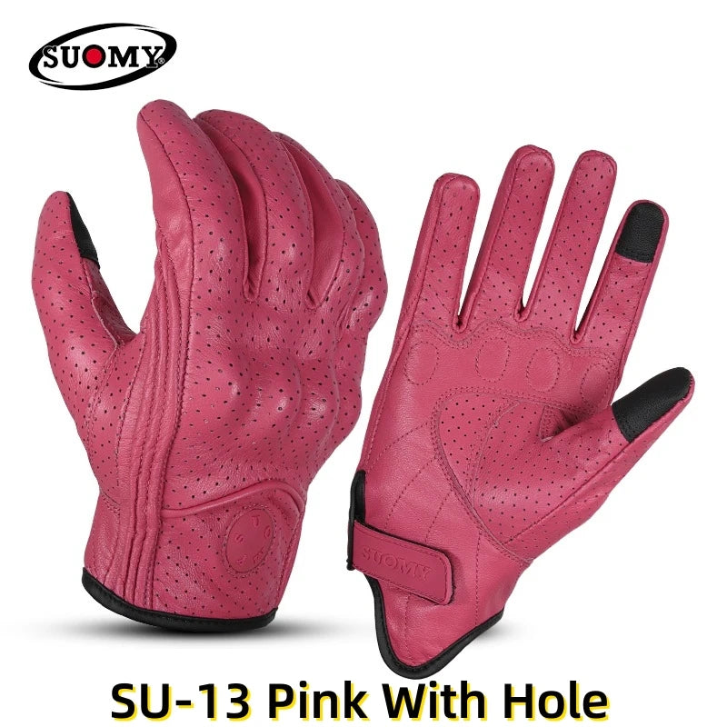 Retro Leather Motorcycle Gloves Riding Anti-fall Moto Gloves Classic Pink/Yellow/Black Leather Breathable Summer Gloves