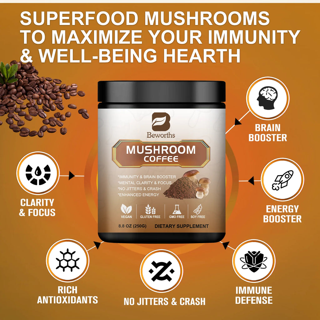 Lion's Mane Mushroom Coffee 10-ingredient Mushroom Blend Chaga, Cordyceps for Energy, Focus, Memory Health Immune health