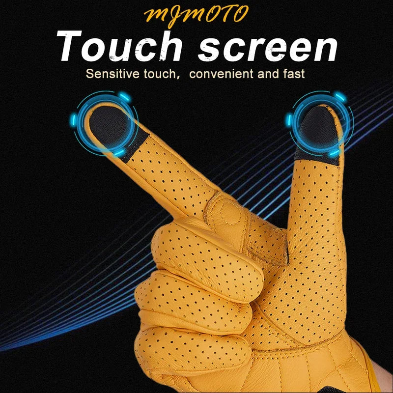MJMOTO New Yellow Retro Motorcycle Riding Gloves Breathable Comfort Offroad Luvas Joint Protection Motorbike Glove Touchscreen