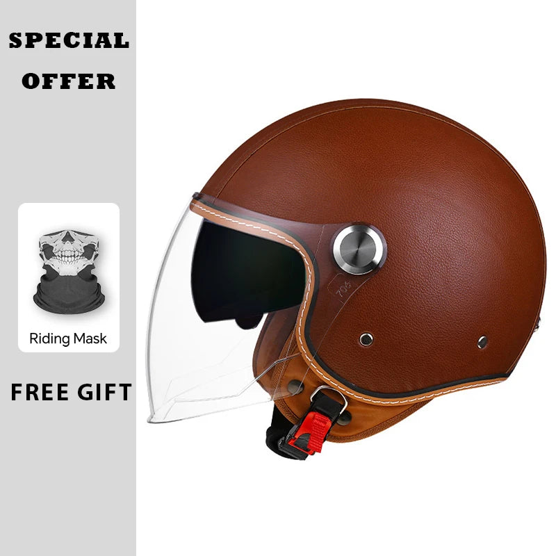 Black Leather Open Face Motorcycle Helmets Men Women Vintage Jet Moto Helmet DOT Retro 3/4 Half Helmet Pedal Personality Scooter
