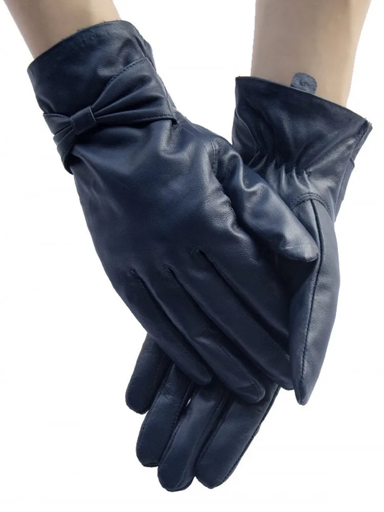 New Women Bowknot Real Sheepskin Gloves Winter Warm Fleece Lining Genuine Leather Driving Mittens Moto Biker Riding Gloves