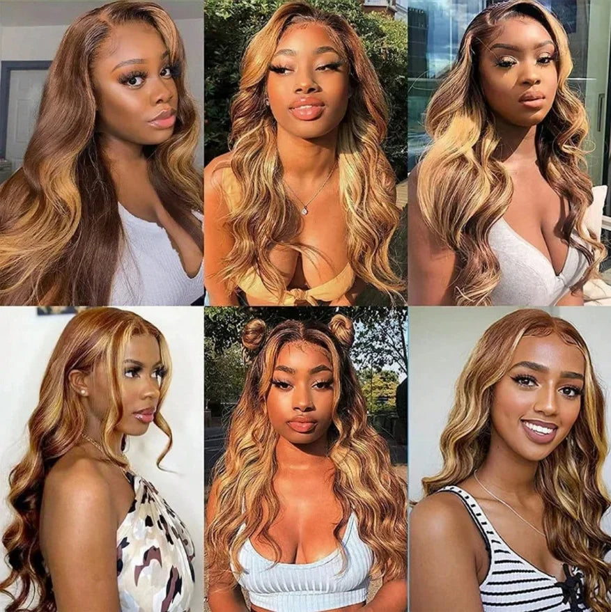 34 Inch13x4 Honey Blonde Ombre Lace Front Wigs Human Hair Pre Plucked 200 Density 4/27 Highlight Colored Body Wave Frontal Wigs