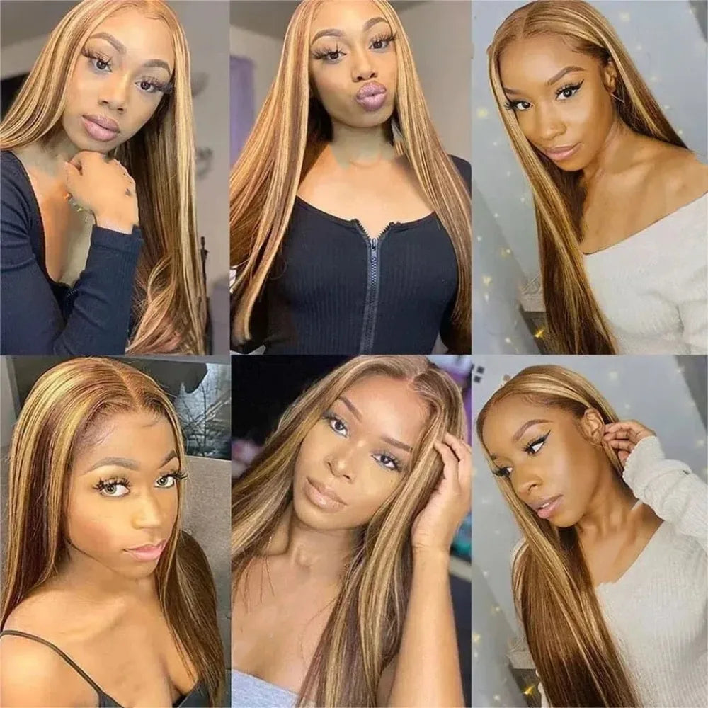 13x6 Straight HD Lace Frontal Wig P4/27 Colored Human Hair Wigs For Women 200 Density Remy Hair 30 36 inches