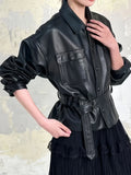 Women's retro loose leather motorcycle jacket lightweight long-sleeved zipper lapel cardigan street clothing trendy casual jacke