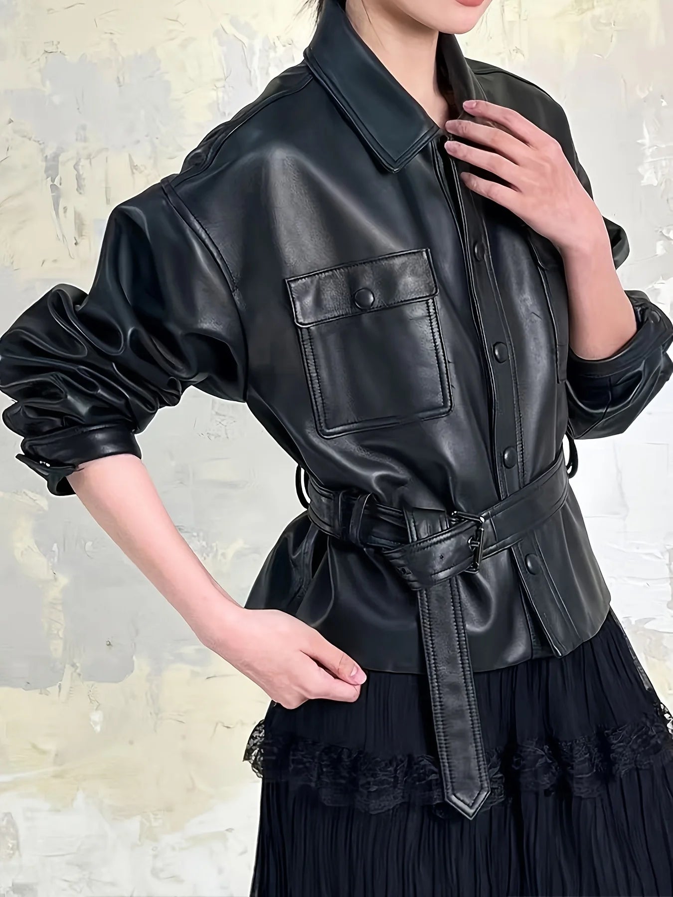 Women's retro loose leather motorcycle jacket lightweight long-sleeved zipper lapel cardigan street clothing trendy casual jacke