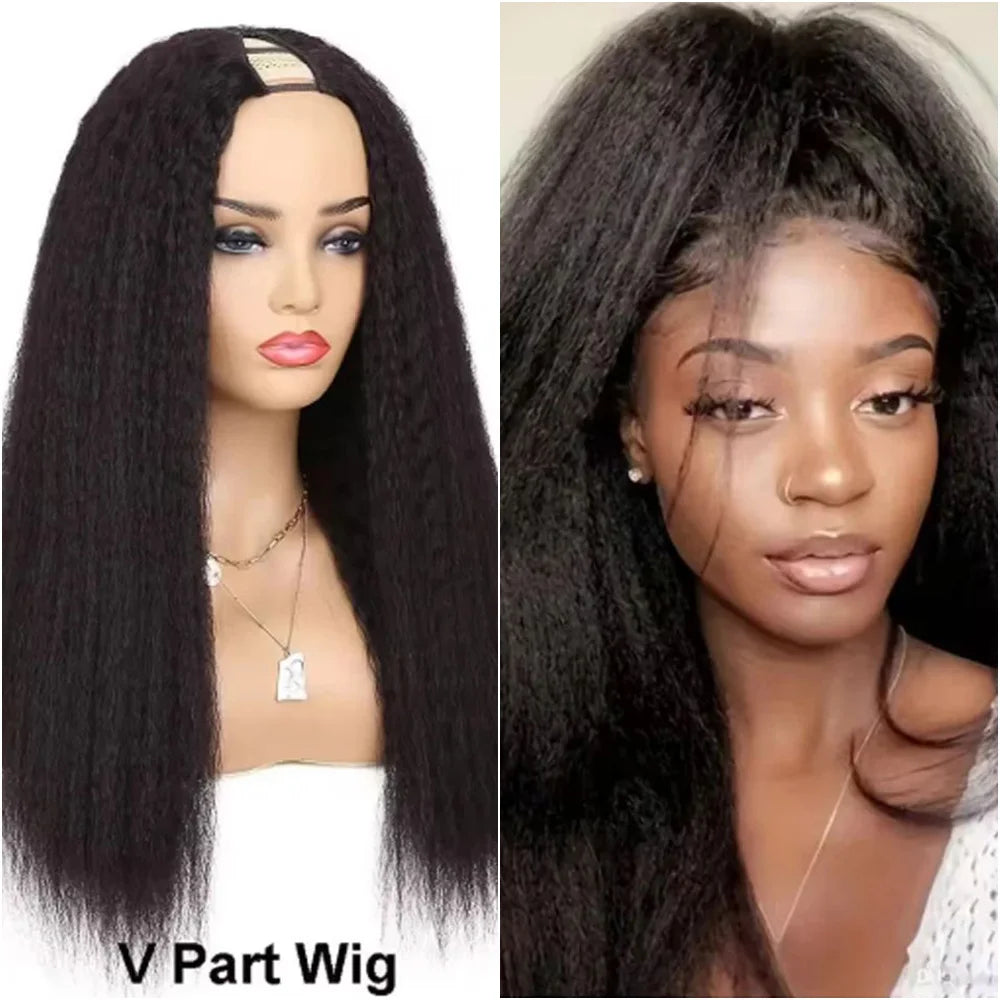V Part Kinky Straight Wig Human Hair For Women 200% Density Beginnger Friendly Upgraded U Part  Wigs In Natural Color 12-32 Inch