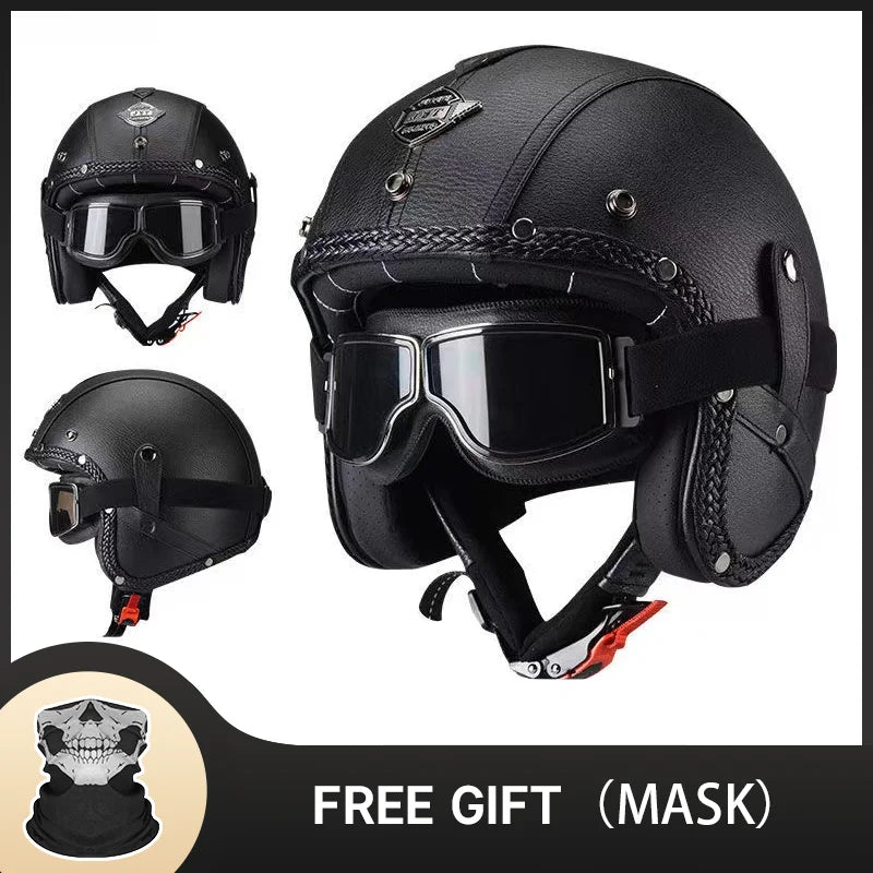 DOT Approved Vintage Leather Motorcycle Helmet Retro Open Face Chopper Casque Capacete Motorbike De Moto Masculino Casco Moto