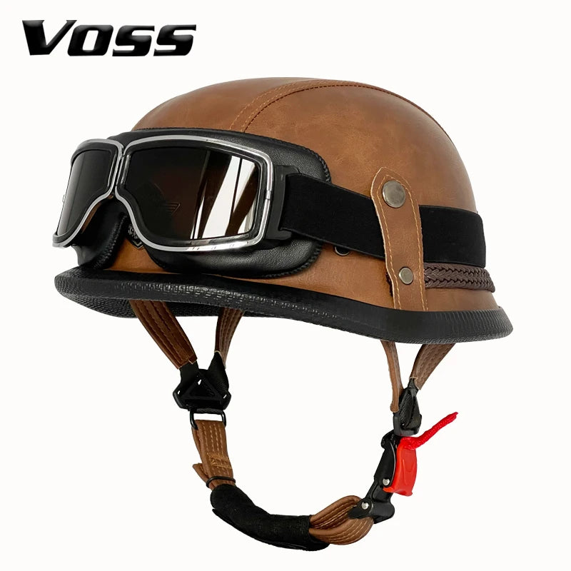 Vintage leather WWII-style black riding helmet, unisex open-face half helmet for German motorcycles, factory direct sales.