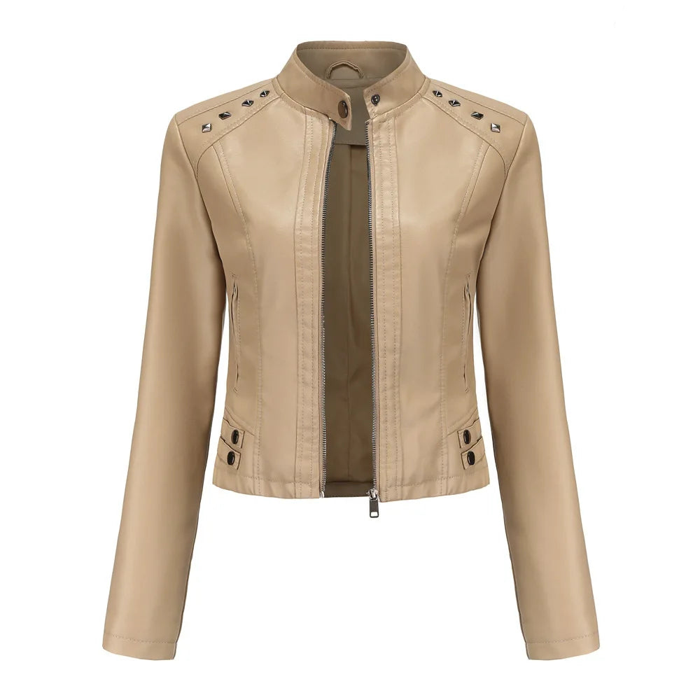 KIDCRKJ Spring Autumn Women's Leather Jacket Female Riveted Stand Collar Casual Coats Women's Motorcycle Jacket Women's Clothing