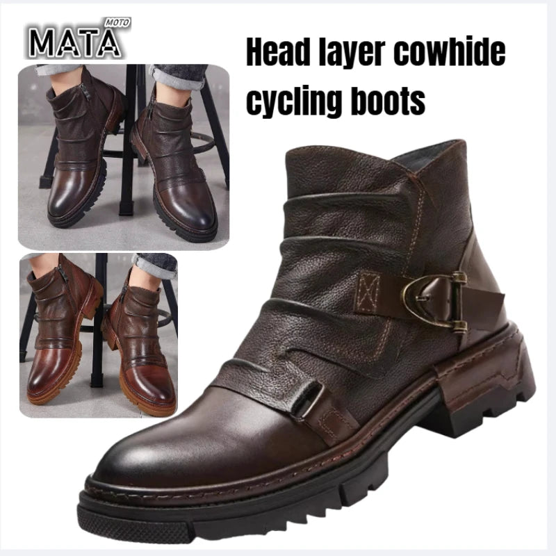HOT Retro Men's Motorcycle Leather Boots British Style Round Head High Top Shoes Casual Platform Boots Moto Street Gear