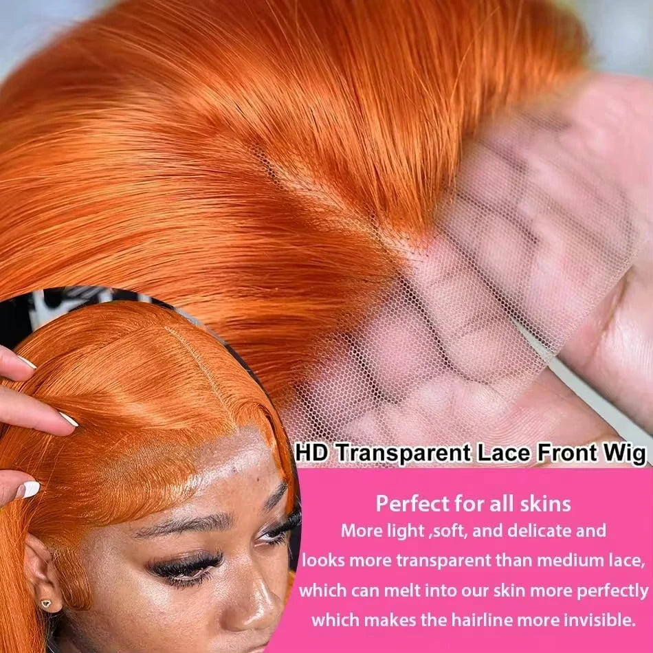 40 Inch Ginger 0range Bone Straight Hd Lace Human Hair Wig 13x6 Hd Lace Frontal Real Colored Brazilian Preplucked Wigs For Women