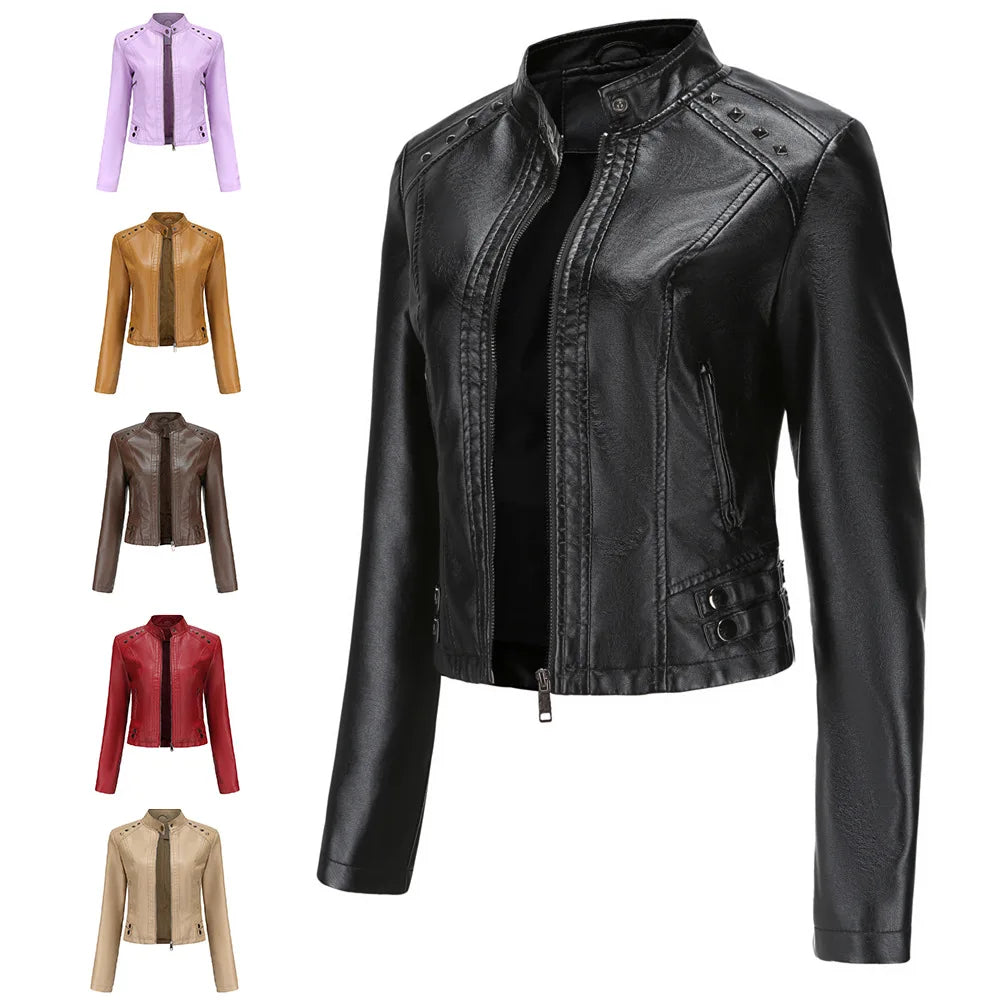 KIDCRKJ Spring Autumn Women's Leather Jacket Female Riveted Stand Collar Casual Coats Women's Motorcycle Jacket Women's Clothing